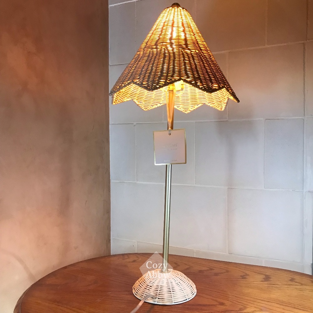 Lillian August Parasol Rattan Table Lamp Antiqued Brass Scalloped Edge